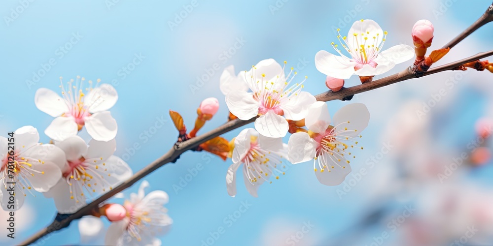 Blooming cherry tree, symbolizing spring's tenderness and beauty under a blue sky.