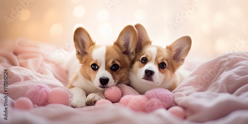 Two adorable Welsh Corgi puppies, resting on a blanket indoors.