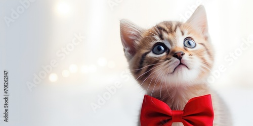 A playful and adorable kitten with a festive bow, celebrating the holiday season.