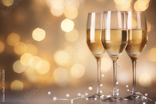 A festive scene with champagne glasses, bubbles, and golden lights, creating a sparkling celebration.