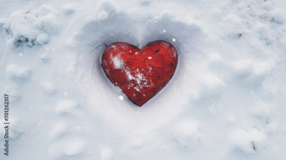 A beautiful romantic heart against the background of white frosty snow in winter. The concept of love and Valentine's Day. Abstract background. A symbol of love and loyalty.