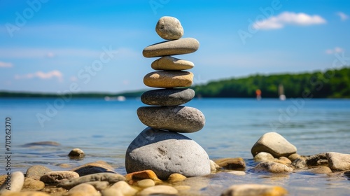A balanced pyramid of pebbles on the beach with the ocean in the background. Zen stones on the sea beach, meditation, spa, the concept of harmony, tranquility, balance