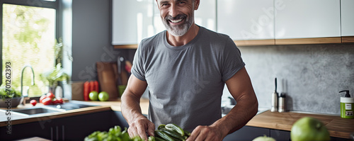 Healthy looking man in the kitchen is preparing healthy food from fresh vegetables. Healthy lifestyle concept photo