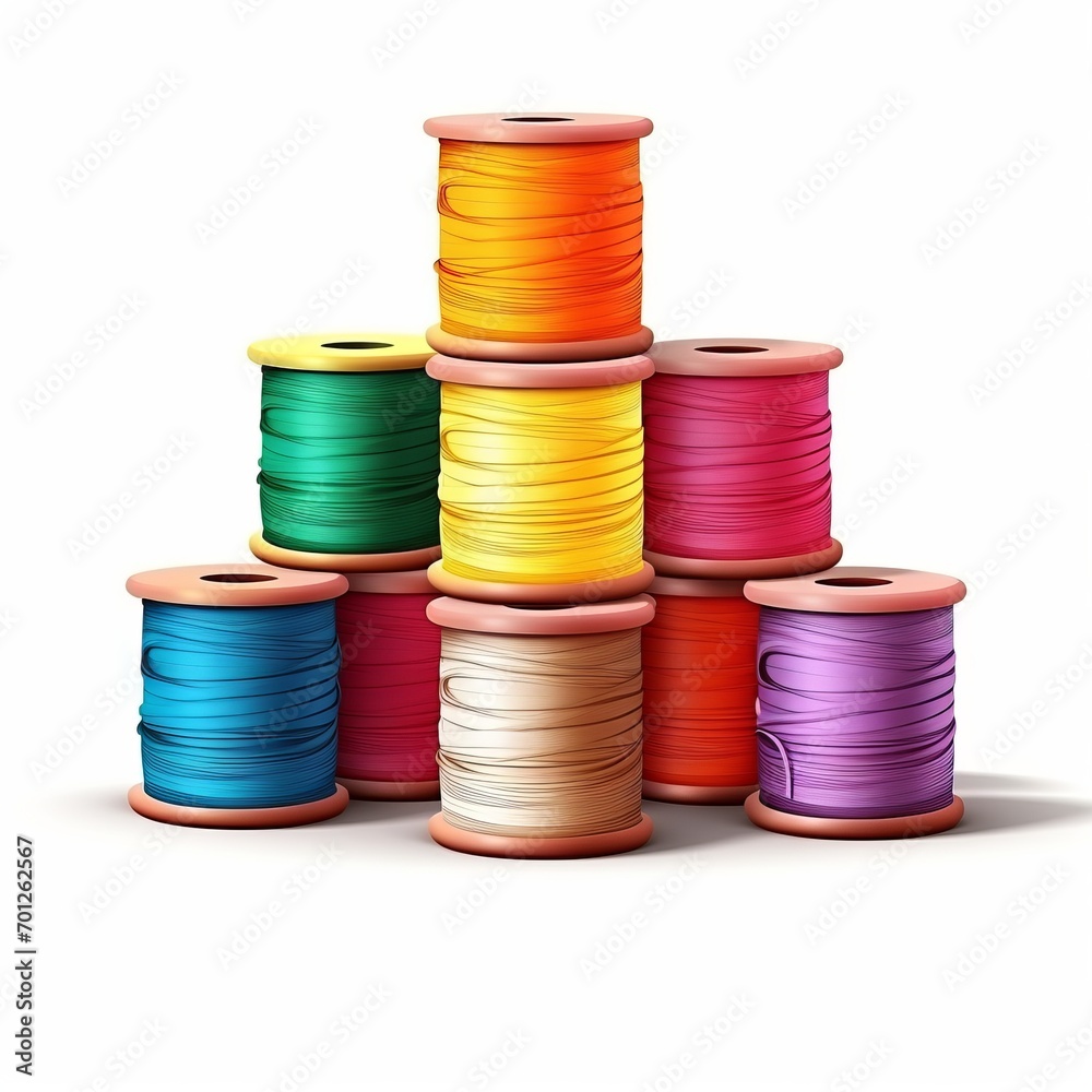 A set of colorful, glossy spools of thread ready for sewing, embroidery, and textile arts A set of colorful, glossy spools of thread ready for sewing, embroidery, and textile arts