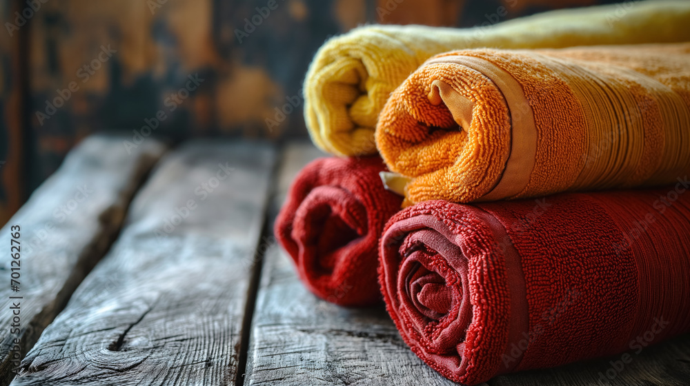 Rolled colorful towels on rustic wood. - obrazy, fototapety, plakaty 