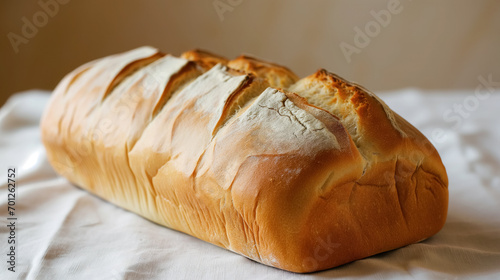 Freshly baked bread on a white cloth.