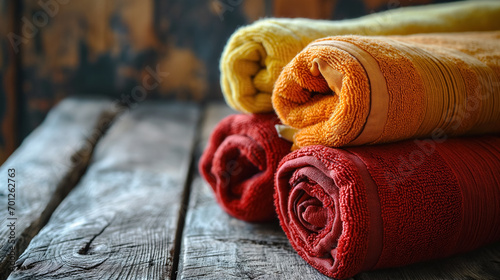 Rolled colorful towels on rustic wood. photo