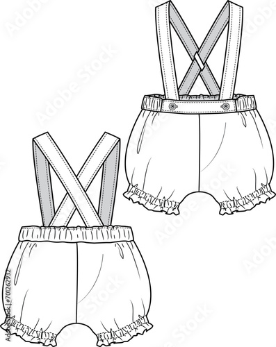 BABY BOTTOM WEAR BLOOMER WITH SUSPENDER BRACE FRONT AND BACK FASHION FLAT DESIGN VECTOR ILLUSTRATION