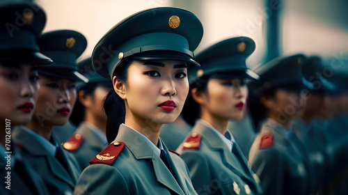 Prepared asian women for military service. Postproducted generative AI illustration. photo