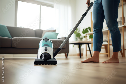 female cleaning home with modern vacuum cleaner in livingroom