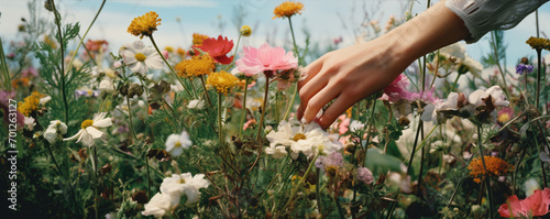 Wild flowers picking by hands at flower farm.