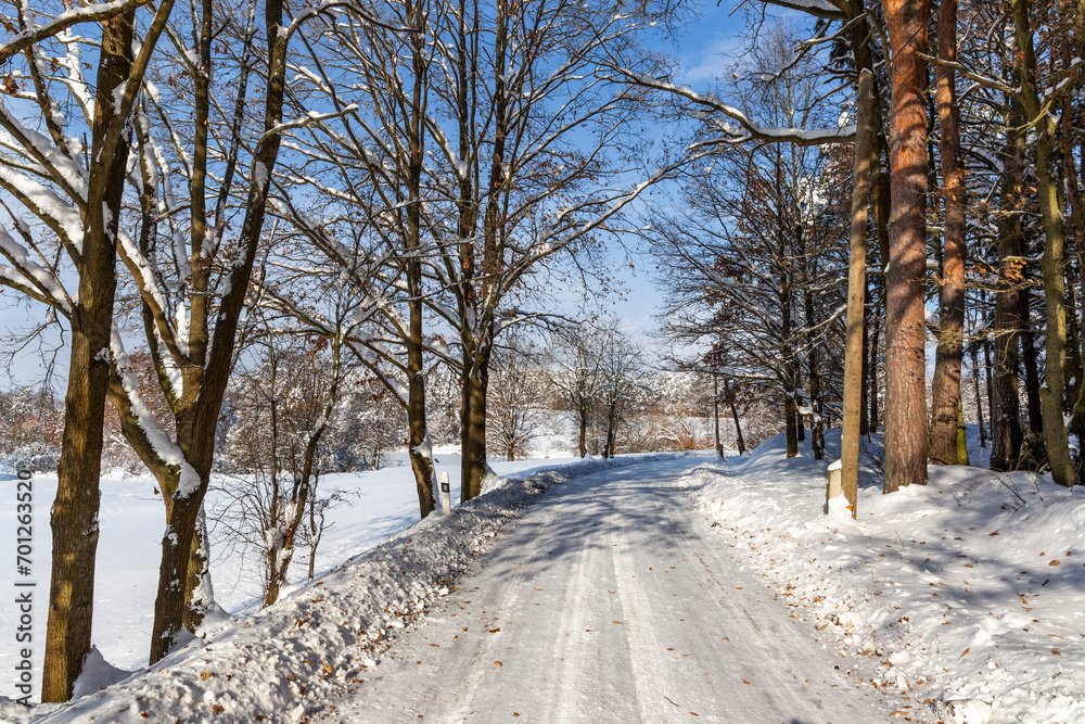 Road in the countryside after heavy snowfall in central Europe Road in the countryside after heavy snowfall in central Europe