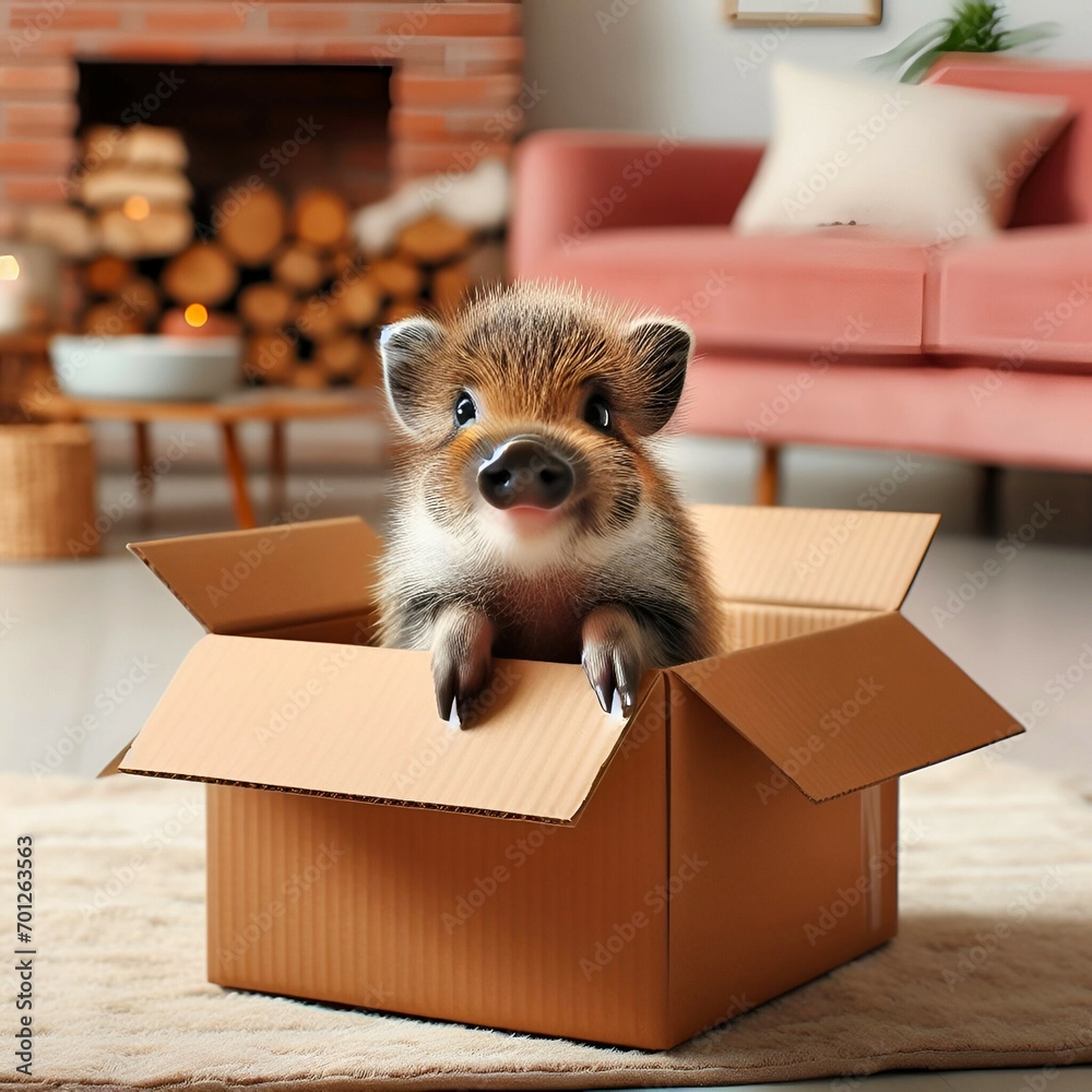 Cute little wild pig sitting inside cardboard box looking up in the living room
