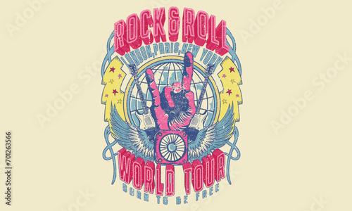 Hand sketch. Music world tour. Rock and roll vector graphic print design for apparel, stickers, posters, background and others. Wild and free. Guitar music poster.	