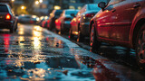 Rain-soaked cars on city street.