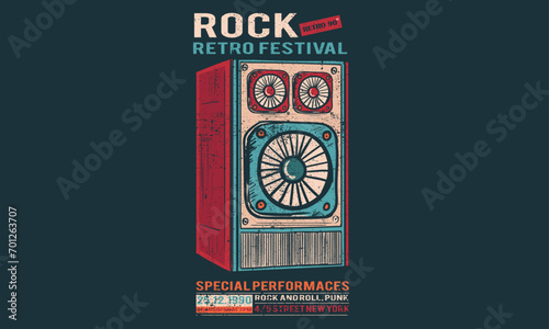 Music festival retro poster. Speaker box artwork. Music world tour. Rock and roll vector graphic print design for apparel, stickers, posters, background and others.  Born to be free. 