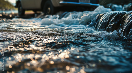 Car crossing water on rural road.