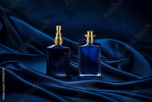 two classy perfume bottles presentation , ripled blue satin fabrix background photo