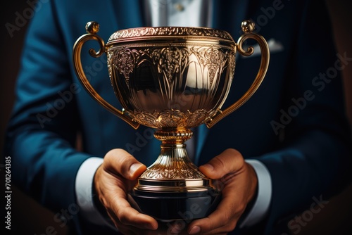 Triumphant businessman cradles a beautiful trophy cup, a symbol of success and achievement, radiating elegance and prestige in the palms of accomplishment.