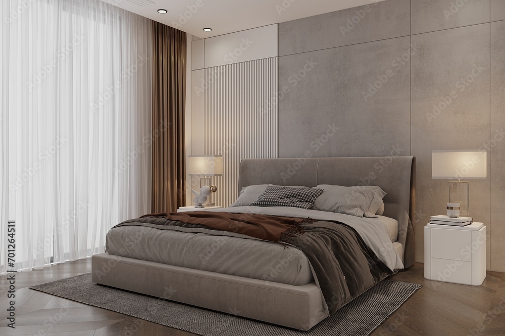 elegant and modern bedroom design, big bed with overcoat cabinet, coffee table, TV, carpet, etc.