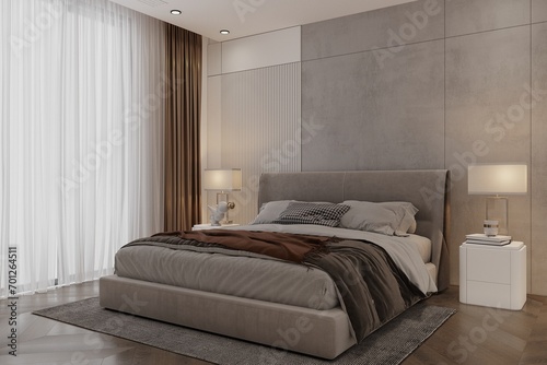 elegant and modern bedroom design, big bed with overcoat cabinet, coffee table, TV, carpet, etc.