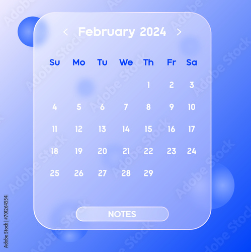 February Calendar 2024 New Year Glassmorphism Frosted Design Png Svg