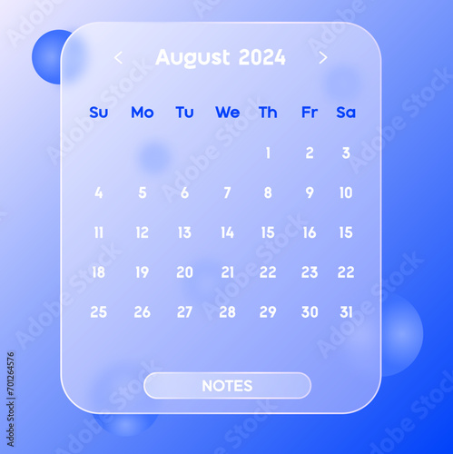 August Calendar 2024 New Year Glassmorphism Frosted Design Png Svg