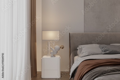 Modern interior of bedroom, a lamp on the console tool with statue. © CGI