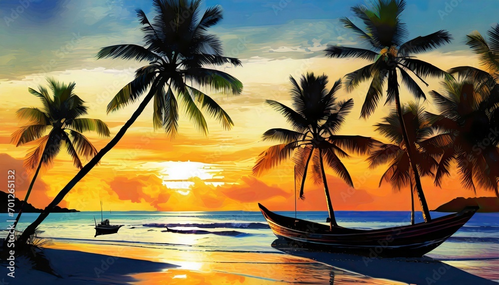 Obraz premium beautiful sunset in beach with the sun shining and silhouette boat, ai generated 