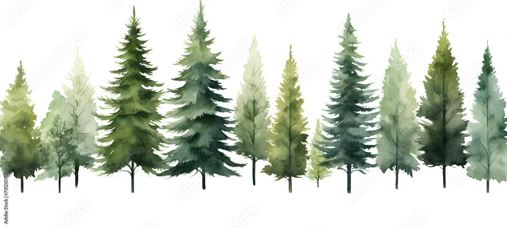 Watercolor pictures of pine trees and Christmas trees arranged in rows of green, yellow, light red, Christmas Day, New Year's Day.