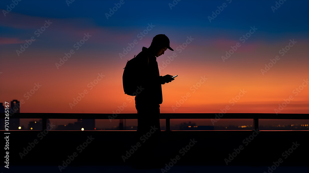 Silhouette of a person using a phone outside the home. Travel, Evening, backpack