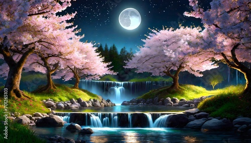 beautiful sakura flowers at night with waterfalls ai generated  #701265103