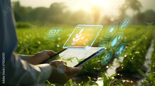 Innovative Smart Farm Systems Technology, agriculture drone Agricultural Management tablet smartphone with smart technology concept. pest, water control