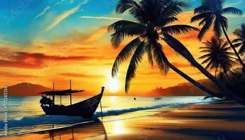 beautiful sunset in beach with the sun shining and silhouette boat, ai generated 