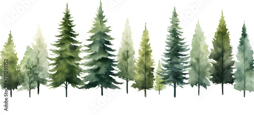 Watercolor pictures of pine trees and Christmas trees arranged in rows of green, yellow, light red, Christmas Day, New Year's Day. © GenerAte Ideas