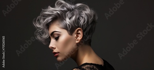 Close-up profile portrait of a young Caucasian woman with short hair dyed grey. Attractive female model with trendy hairstyle and perfect makeup. Isolated on black background. photo