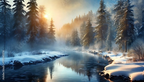 beautiful winter forest and river with the sunshine, ai generated 