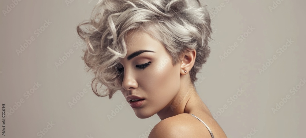 Close-up profile portrait of a young Caucasian woman with short hair dyed grey. Attractive female model with trendy hairstyle and perfect makeup. Isolated on grey background. Close-up profile portrait of a young Caucasian woman with short hair dyed grey. Attractive female model with trendy hairstyle and perfect makeup. Isolated on grey background.