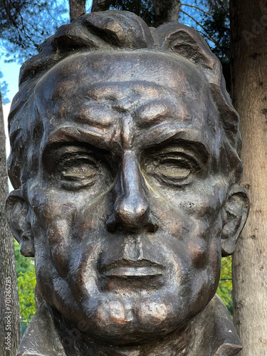 Bust over the tomb of Midhat Frasheri in a park in Tirana, Albania