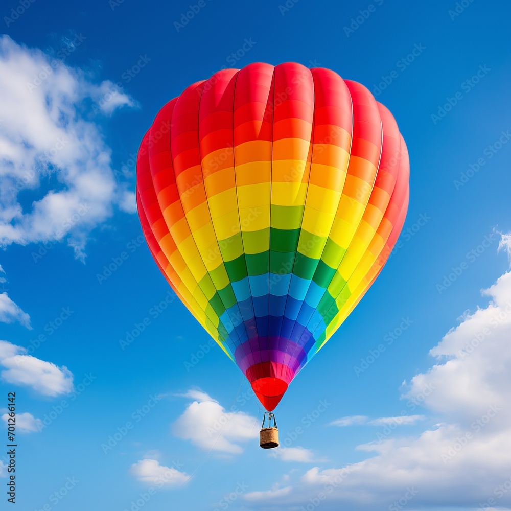 Obraz premium A vibrant journey awaits as this colorful hot air balloon rises, reflecting the hues of the rainbow
