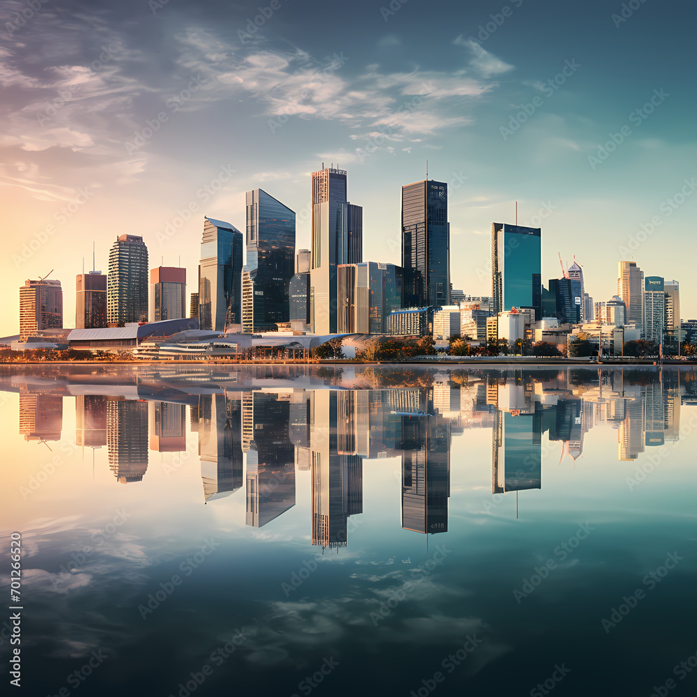 A city skyline with reflections in a calm river.