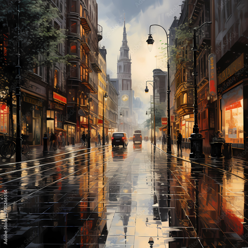 A cityscape with reflections in a rain-soaked street.