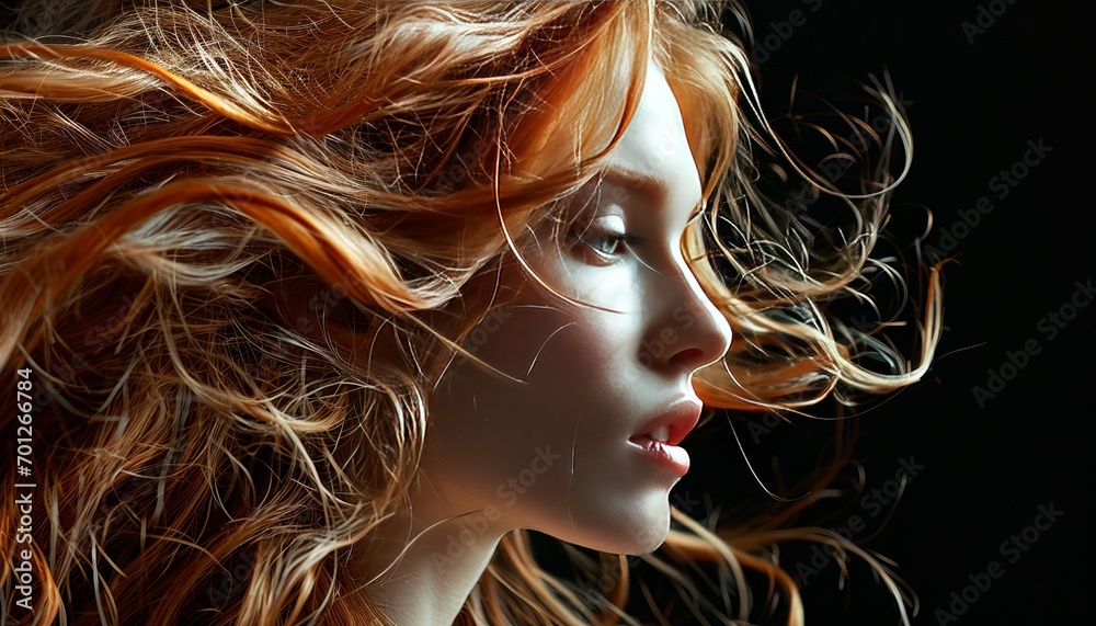 Close-up portrait of a young beautiful Caucasian woman with long ginger wavy hair. Attractive female model with porcelain skin, perfect makeup and lush flowing hair. Isolated on black background. Close-up portrait of a young beautiful Caucasian woman with long ginger wavy hair. Attractive female model with porcelain skin, perfect makeup and lush flowing hair. Isolated on black background.