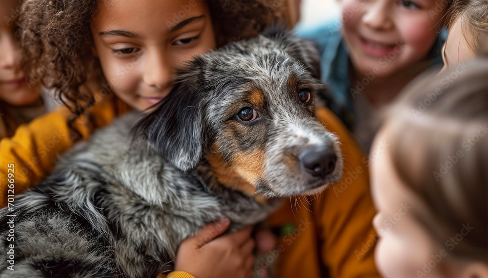 Group of children hugging dog. Lifestyle of big happy family or friends embracing dog happy family kid dream concept. big friendly family