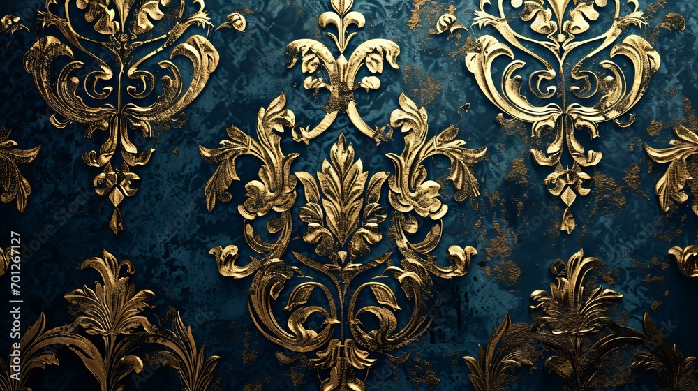 shabby chic background with a textured damask pattern in dark blue and metallic gold, elegant, wallpaper