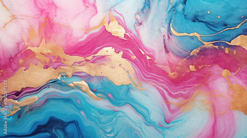 Marble like fluid art painting with teal pink