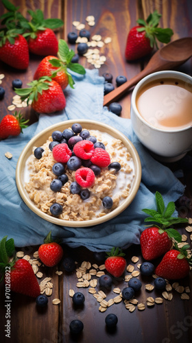 healthy breakfast  oatmeal with fruit. generative ai