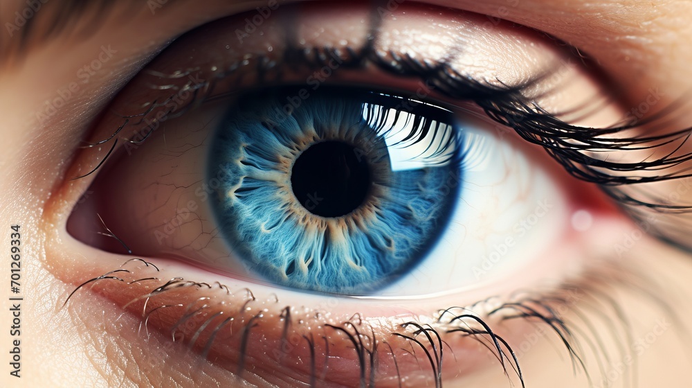 Fototapeta premium Close-up illustration of an expressive blue eye with radiant highlights and deep shadows