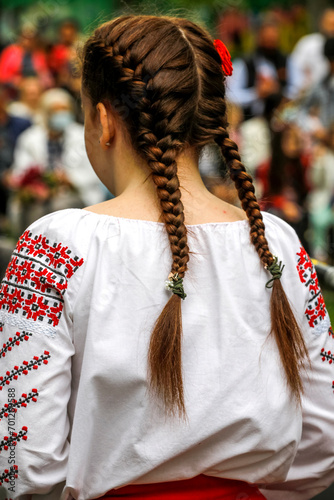 Moldovan girl wearing a traditional costume in Chisinau, Moldova