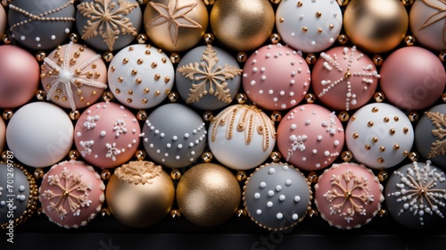 Background made of glamour handmade Christmas cookies with festive glazed decoration. Top view. Generative AI photo